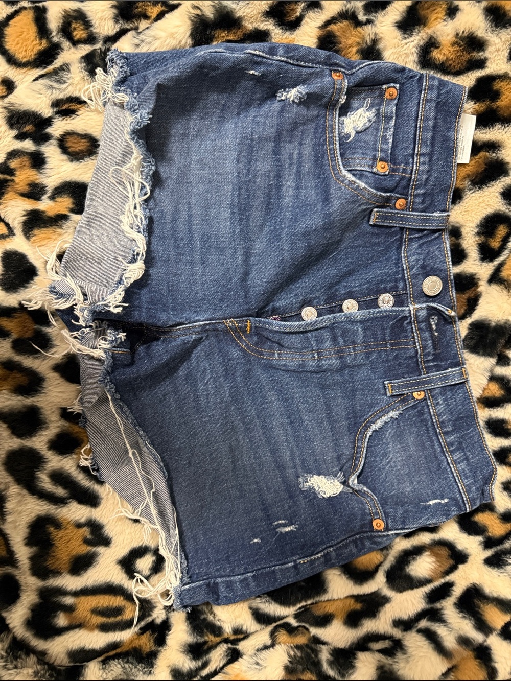 Levi's Dark Blue Distressed Frayed-Hem Jean Shorts Size w28